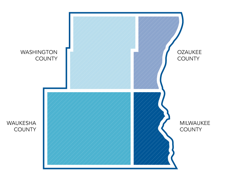 Borders of Washington, Waukesha, Ozaukee and Milwaukee counties